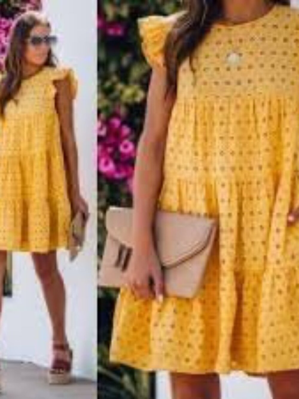 Skies are Blue Yellow Cotton Eyelet Flutter Sleeve Tiered Shift Dress- XS